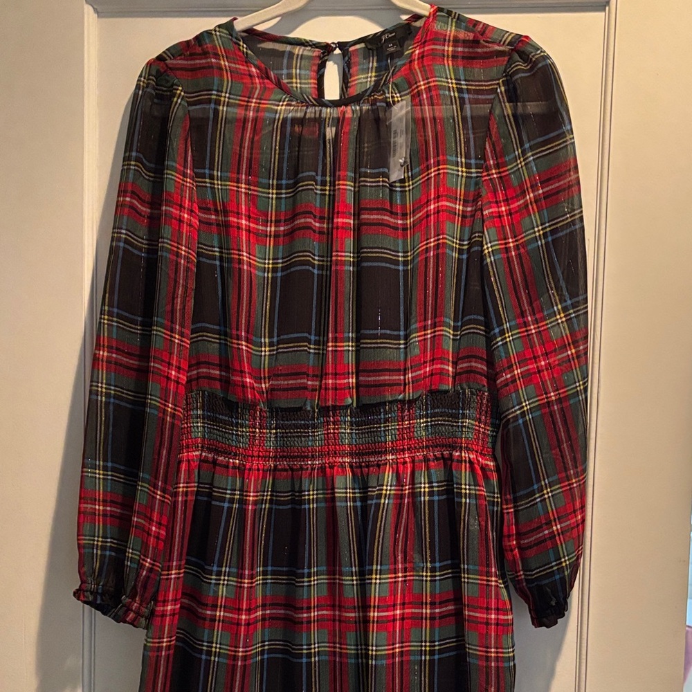 J Crew Chiffon Plaid Long Sleeve Dress